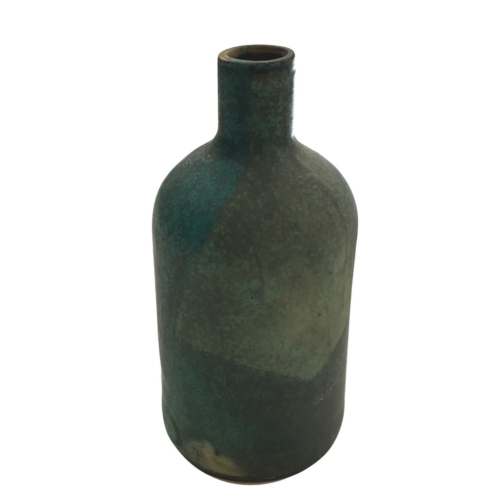 6in Ceramic Bud Vase Teal Green Mottled Glaze Signed Niko